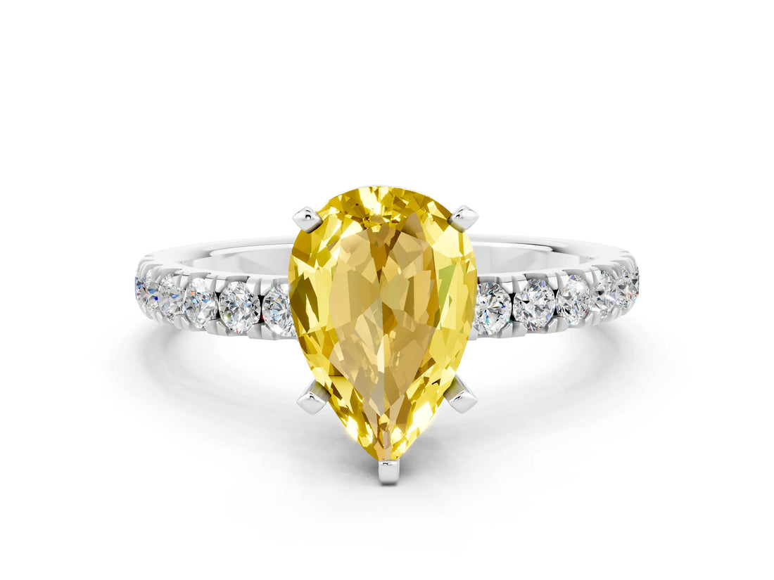 White gold Pear Cut Yellow Sapphire Solitaire Ring with Pavé Accents and Four-Prong Setting_24
