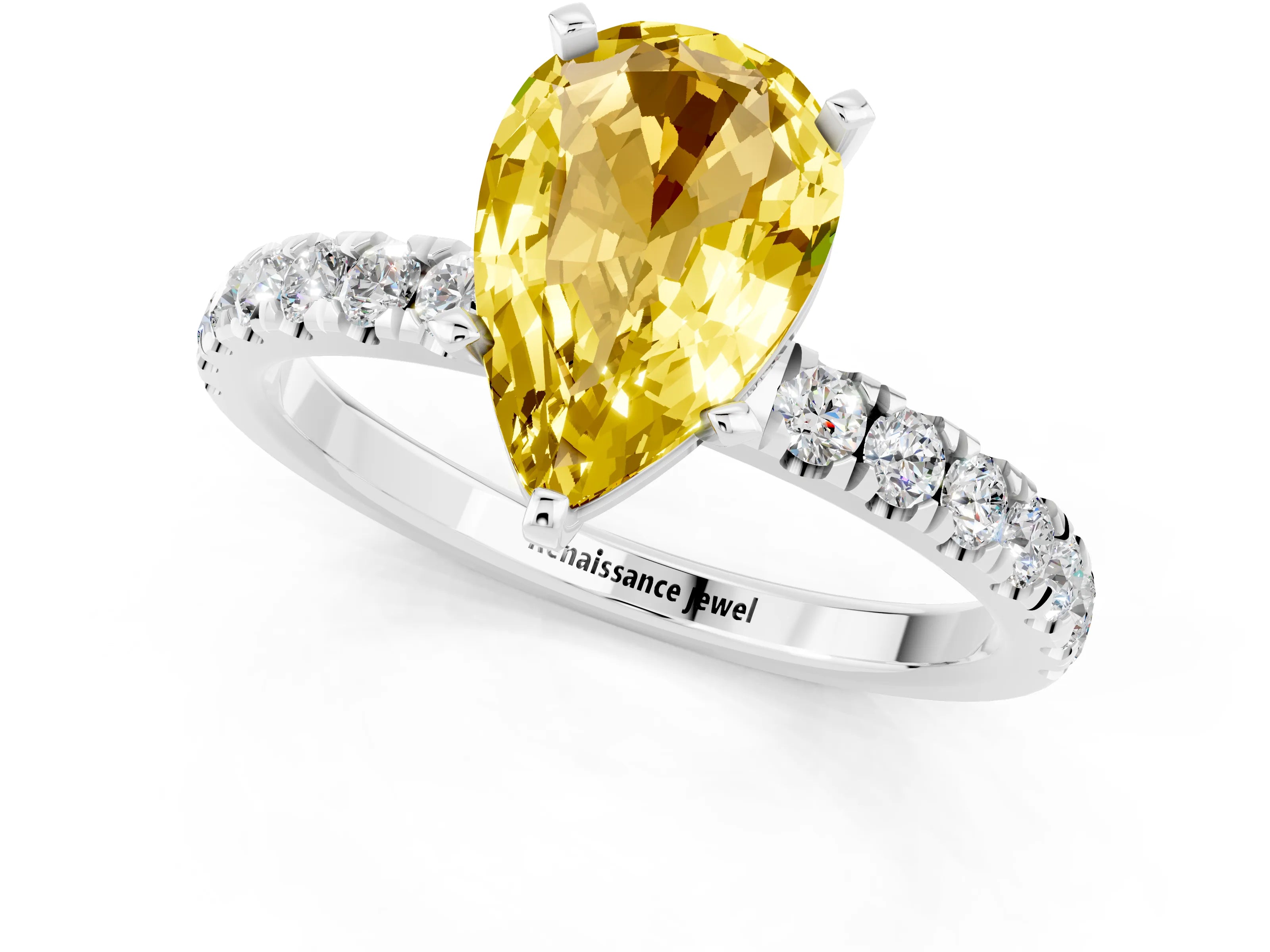 White gold Pear Cut Yellow Sapphire Solitaire Ring with Pavé Accents and Four-Prong Setting_25