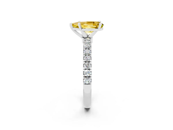 Platinum Pear Cut Yellow Sapphire Solitaire Ring with Pavé Accents and Four-Prong Setting