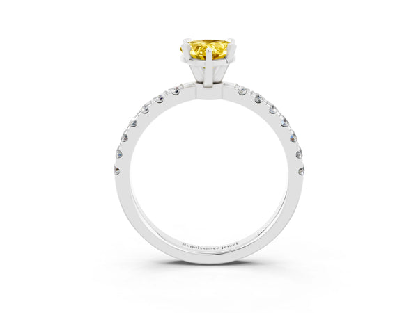 Silver Pear Cut Yellow Sapphire Solitaire Ring with Pavé Accents and Four-Prong Setting