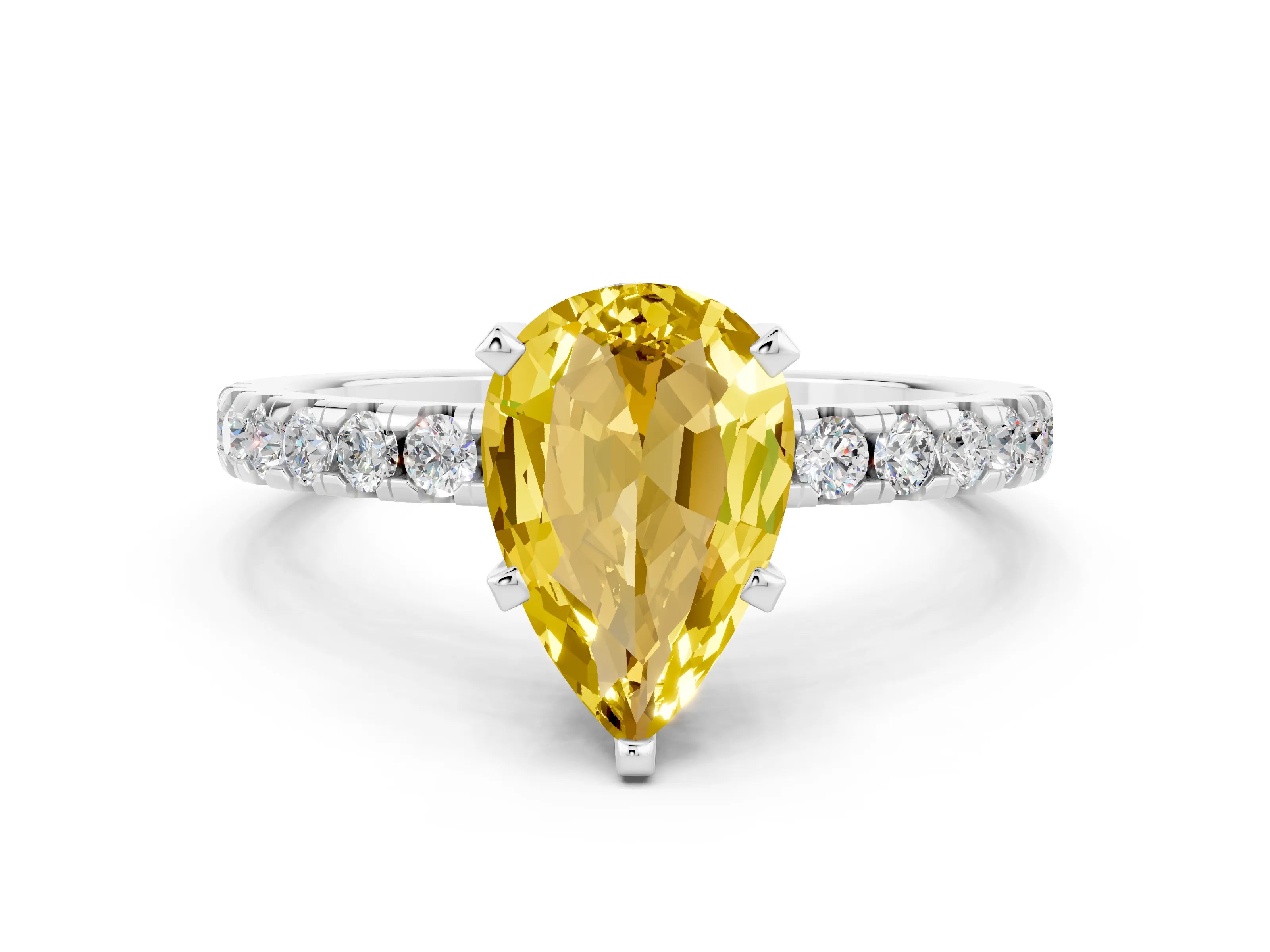 White gold Pear Cut Yellow Sapphire Solitaire Ring with Pavé Band and Four-Prong Setting_60