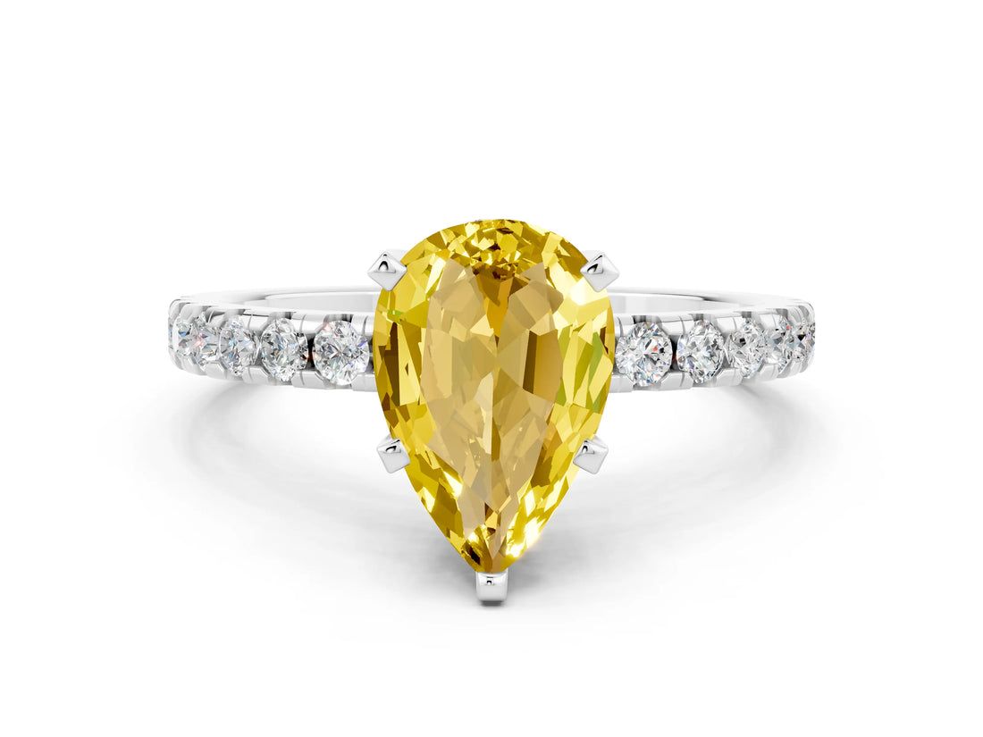 White gold Pear Cut Yellow Sapphire Solitaire Ring with Pavé Band and Four-Prong Setting_60