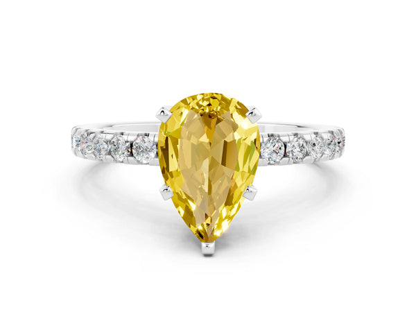 Silver Pear Cut Yellow Sapphire Solitaire Ring with Round  Pavé Band and Four-Prong Setting