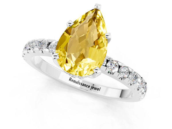 Platinum Pear Cut Yellow Sapphire Solitaire Ring with Round  Pavé Band and Four-Prong Setting