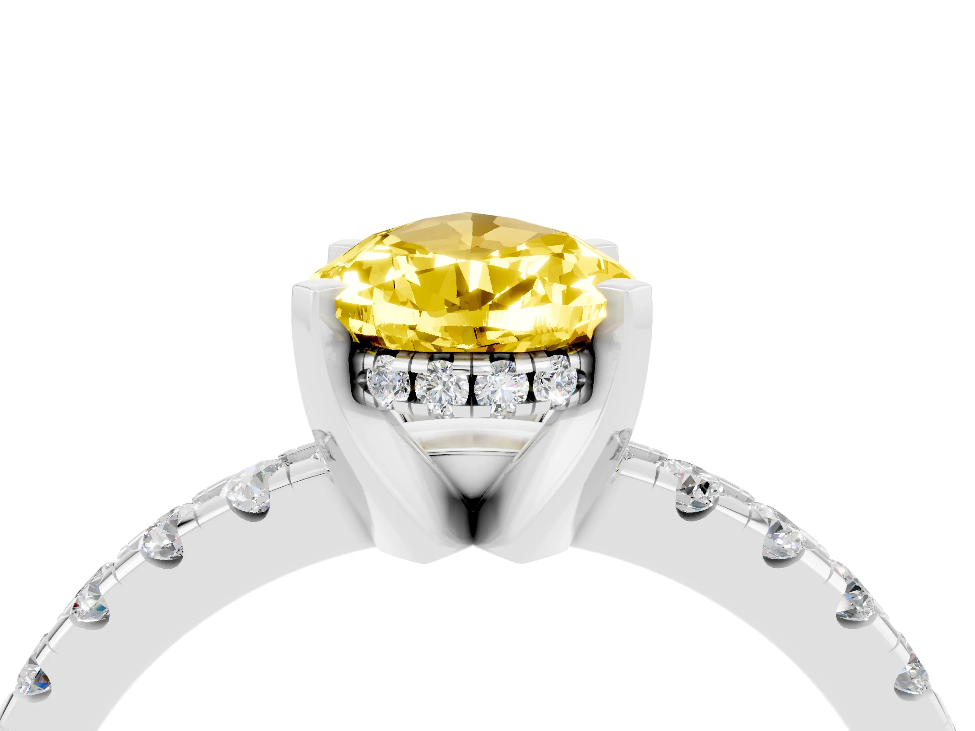 White gold Pear Cut Yellow Sapphire Solitaire Ring with Pavé Band and Four-Prong Setting_64
