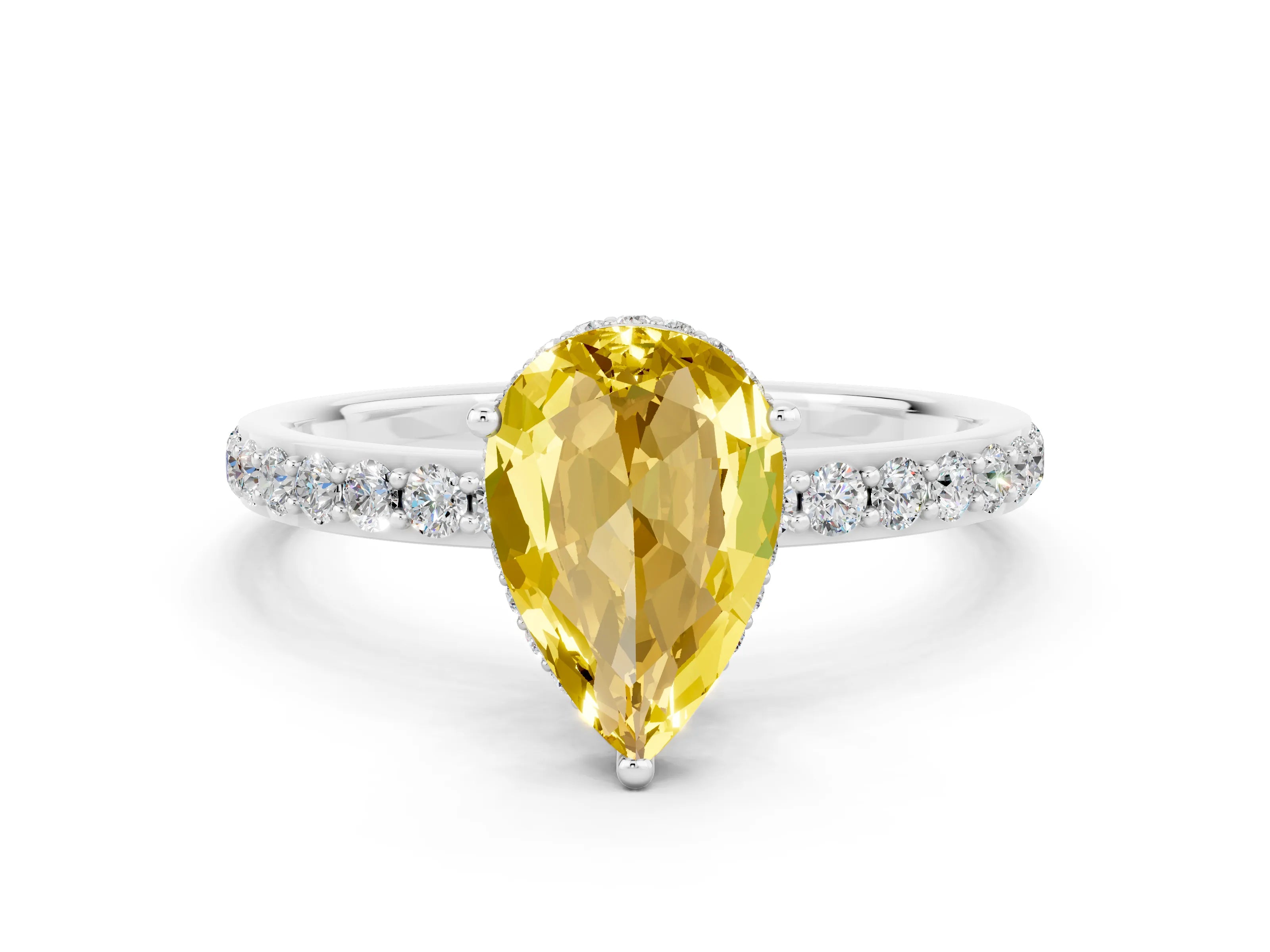 White gold Pear Cut Yellow Sapphire Solitaire Ring with Pavé Band and Hidden Halo_24