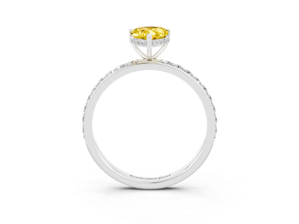 Silver Pear Cut Yellow Sapphire Solitaire Ring with Pavé Band and Hidden Halo