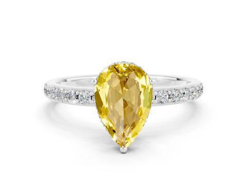 White gold Pear Cut Yellow Sapphire Solitaire Ring with Pavé Band and Hidden Halo