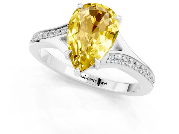 Platinum Pear Cut Yellow Sapphire Solitaire Ring with Pavé Band and Prong Setting