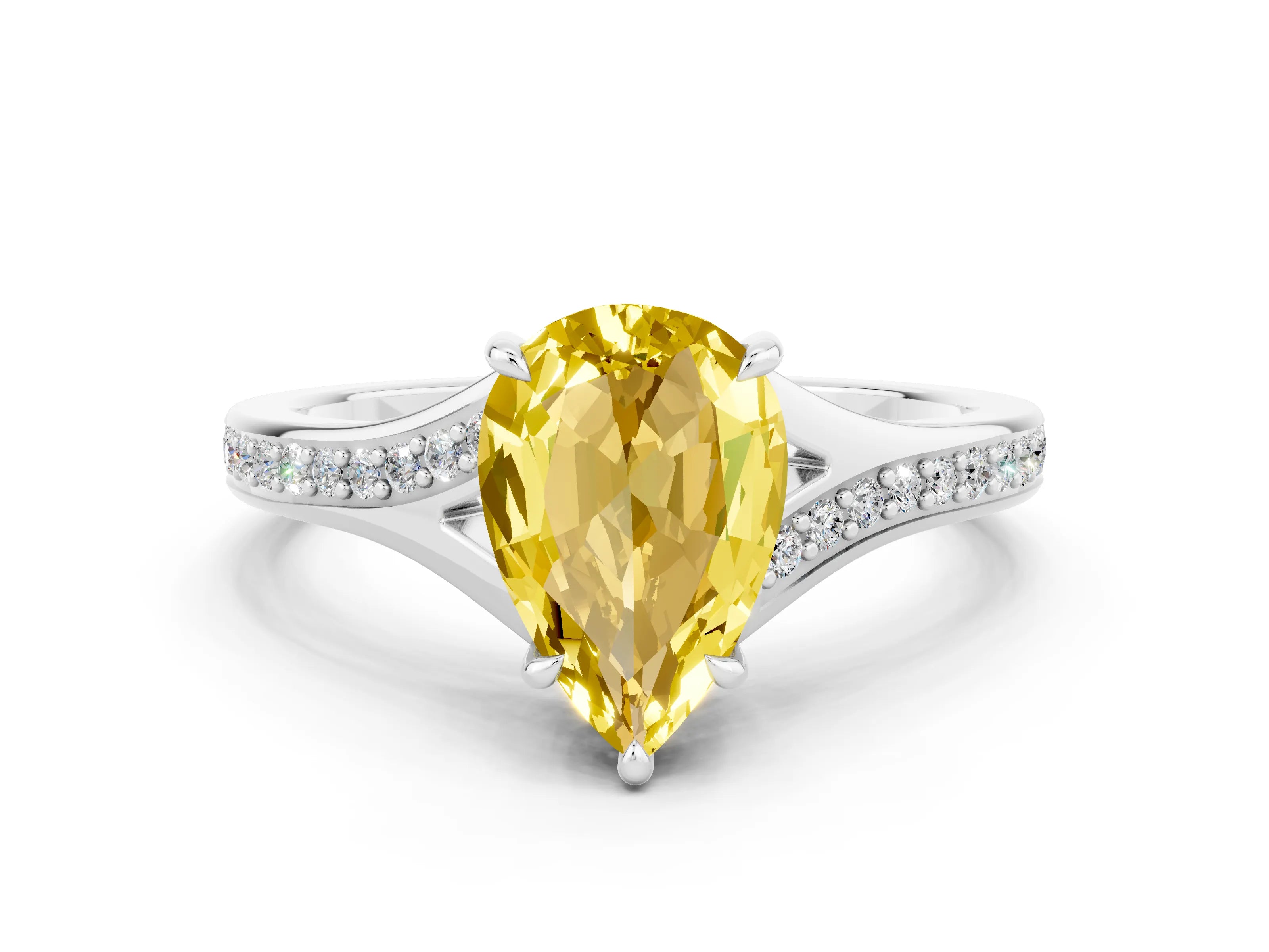 White gold Pear Cut Yellow Sapphire Solitaire Ring with Pavé Band and Prong Setting_12