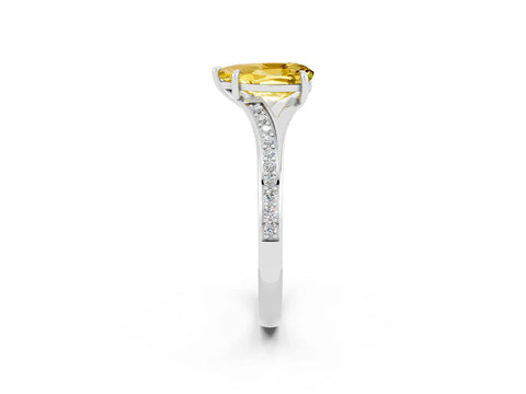 White gold Pear Cut Yellow Sapphire Solitaire Ring with Pavé Band and Prong Setting_14