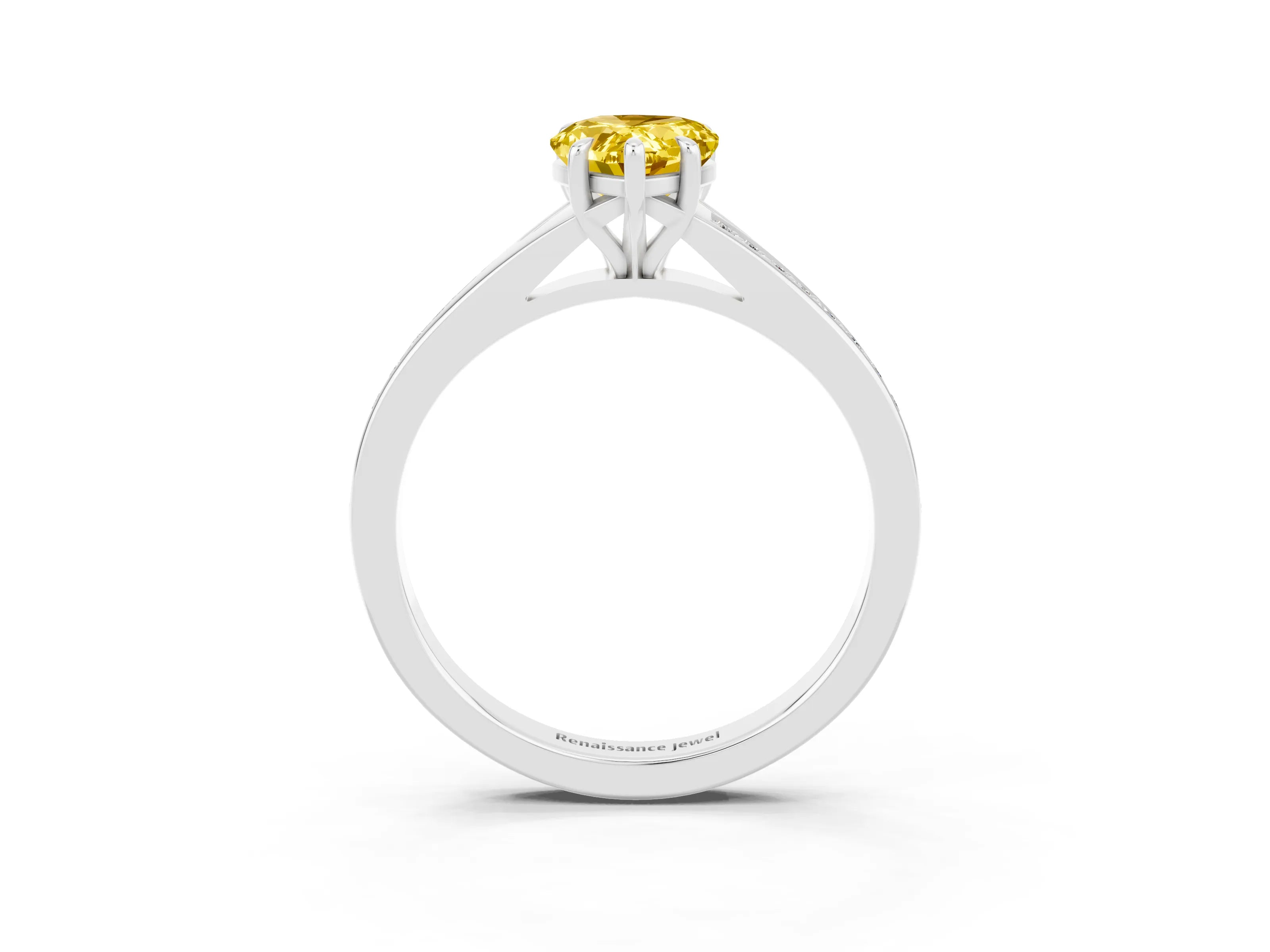 White gold Pear Cut Yellow Sapphire Solitaire Ring with Pavé Band and Prong Setting_15