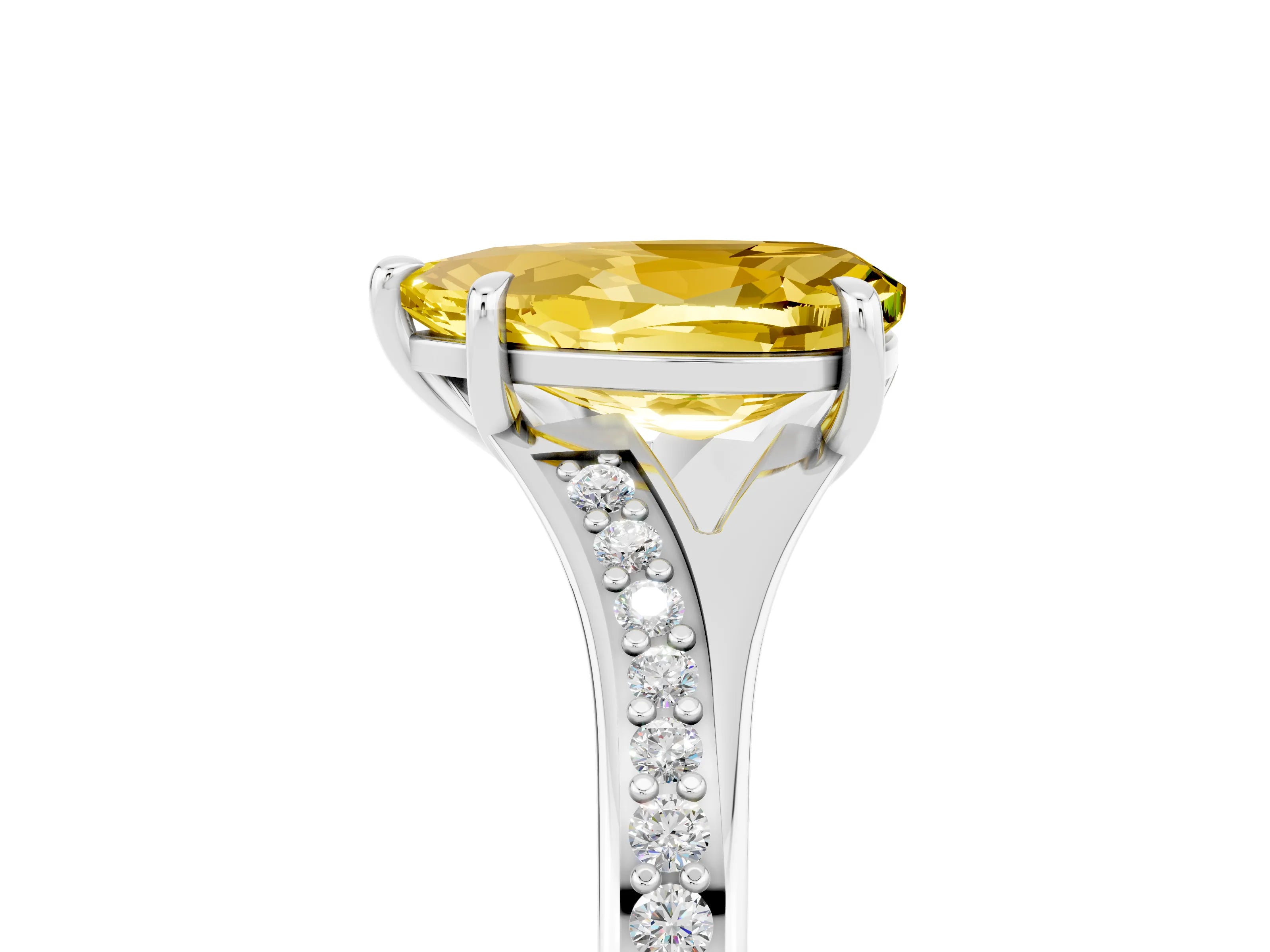 White gold Pear Cut Yellow Sapphire Solitaire Ring with Pavé Band and Prong Setting_17