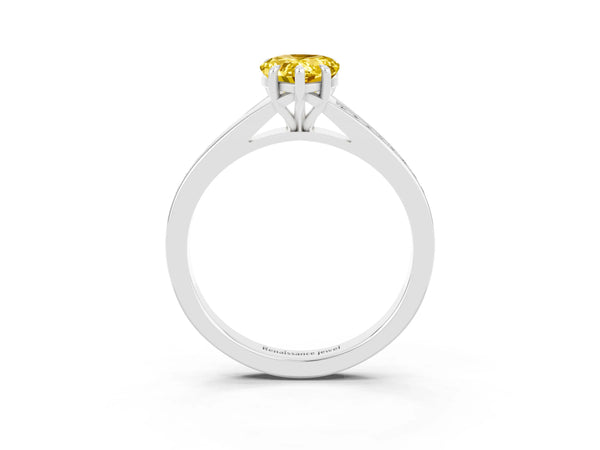 White gold Pear Cut Yellow Sapphire Solitaire Ring with Pavé Band and Prong Setting