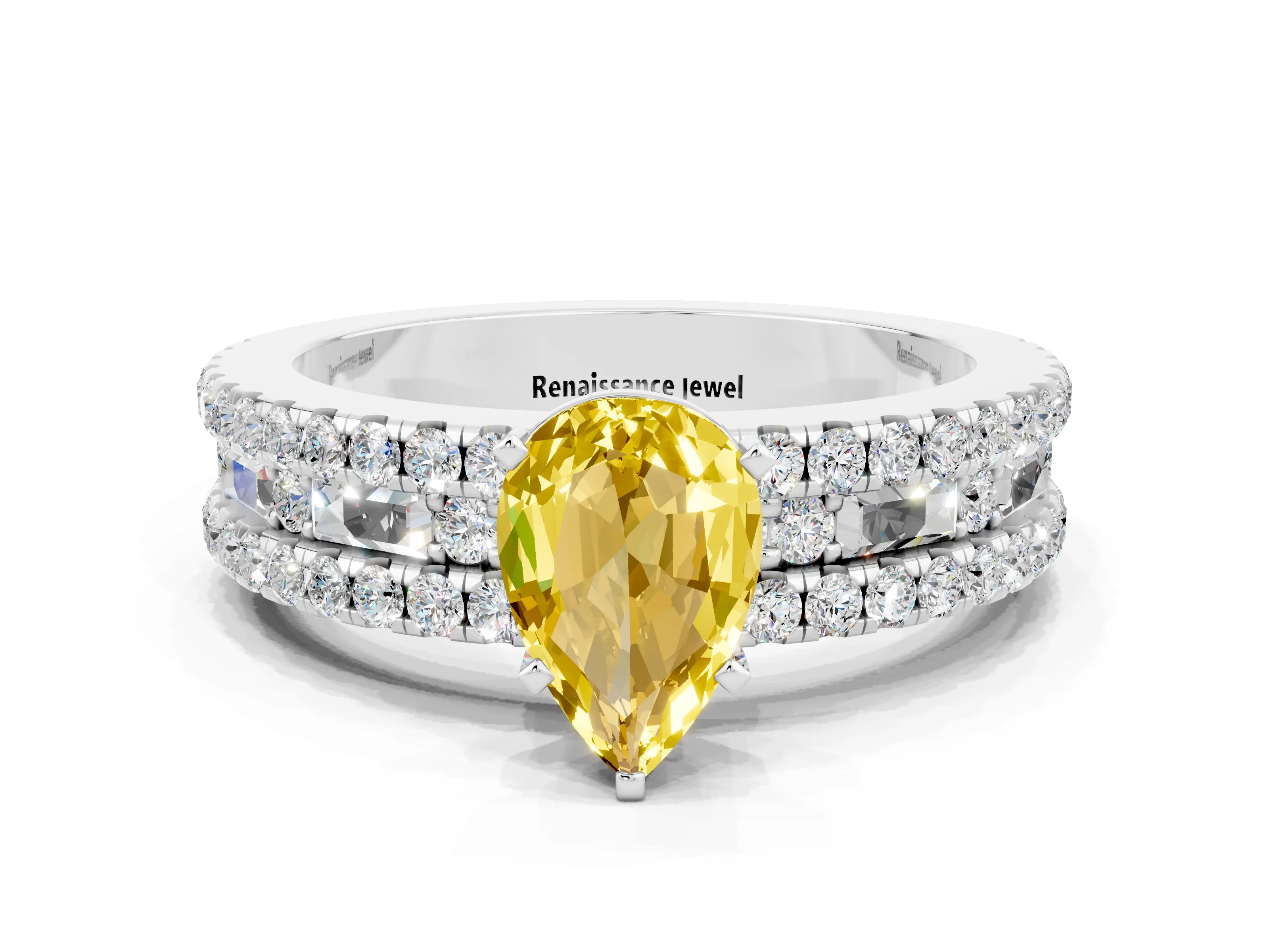 White gold Pear Cut Yellow Sapphire Solitaire Ring with Pavé and Channel Set Band_24