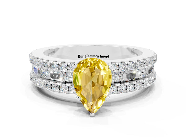 White gold Pear Cut Yellow Sapphire Solitaire Ring with Pavé and Channel Set Band
