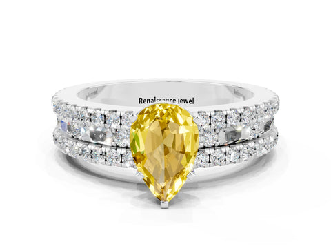 White gold Pear Cut Yellow Sapphire Solitaire Ring with Pavé and Channel Set Band_24