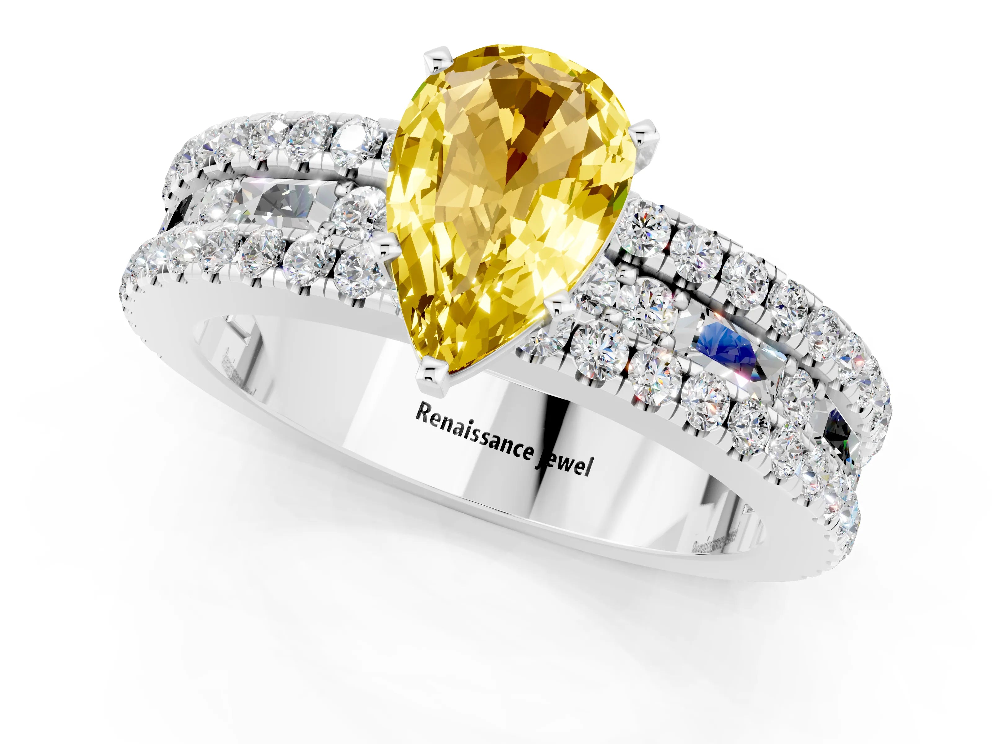 White gold Pear Cut Yellow Sapphire Solitaire Ring with Pavé and Channel Set Band_25