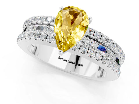 White gold Pear Cut Yellow Sapphire Solitaire Ring with Pavé and Channel Set Band_25
