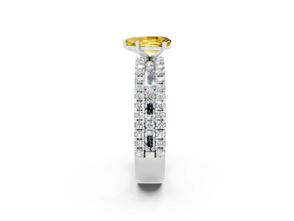 Silver Pear Cut Yellow Sapphire Solitaire Ring with Pavé and Channel Set Band