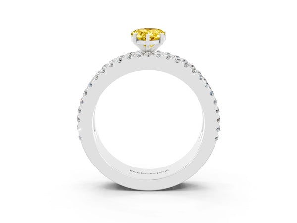 Platinum Pear Cut Yellow Sapphire Solitaire Ring with Pavé and Channel Set Band