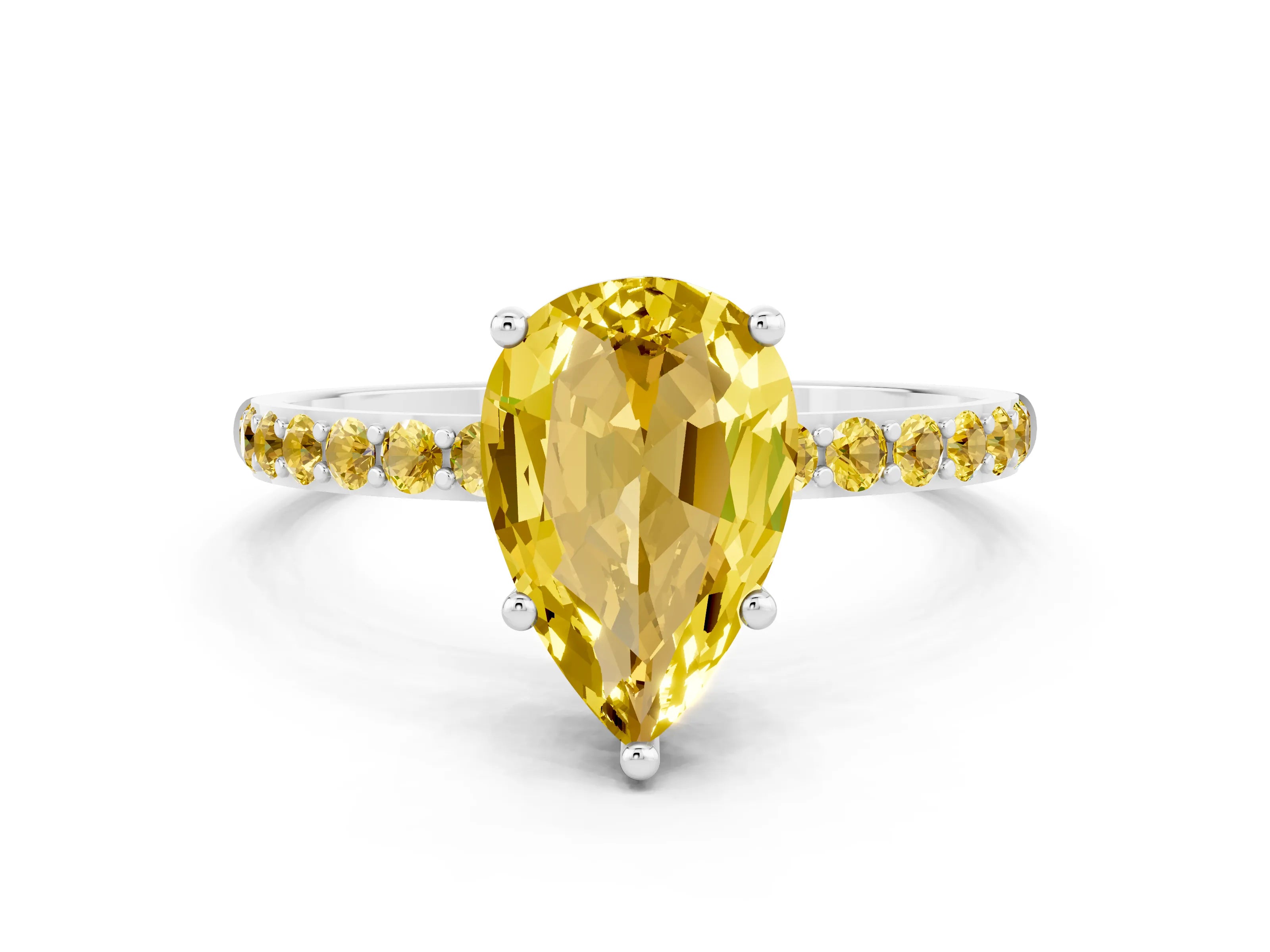 White gold Pear Cut Yellow Sapphire Solitaire Ring with Pave Band and Four Prong Setting_12