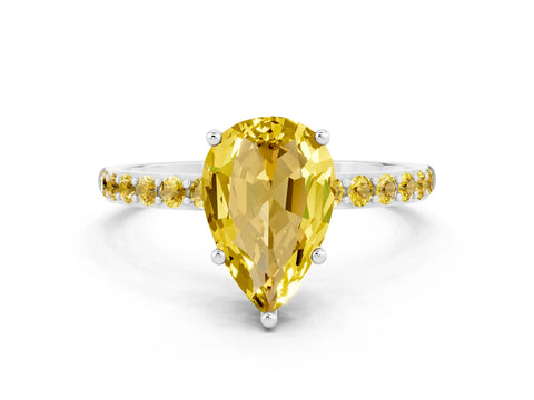 White gold Pear Cut Yellow Sapphire Solitaire Ring with Pave Band and Four Prong Setting_12