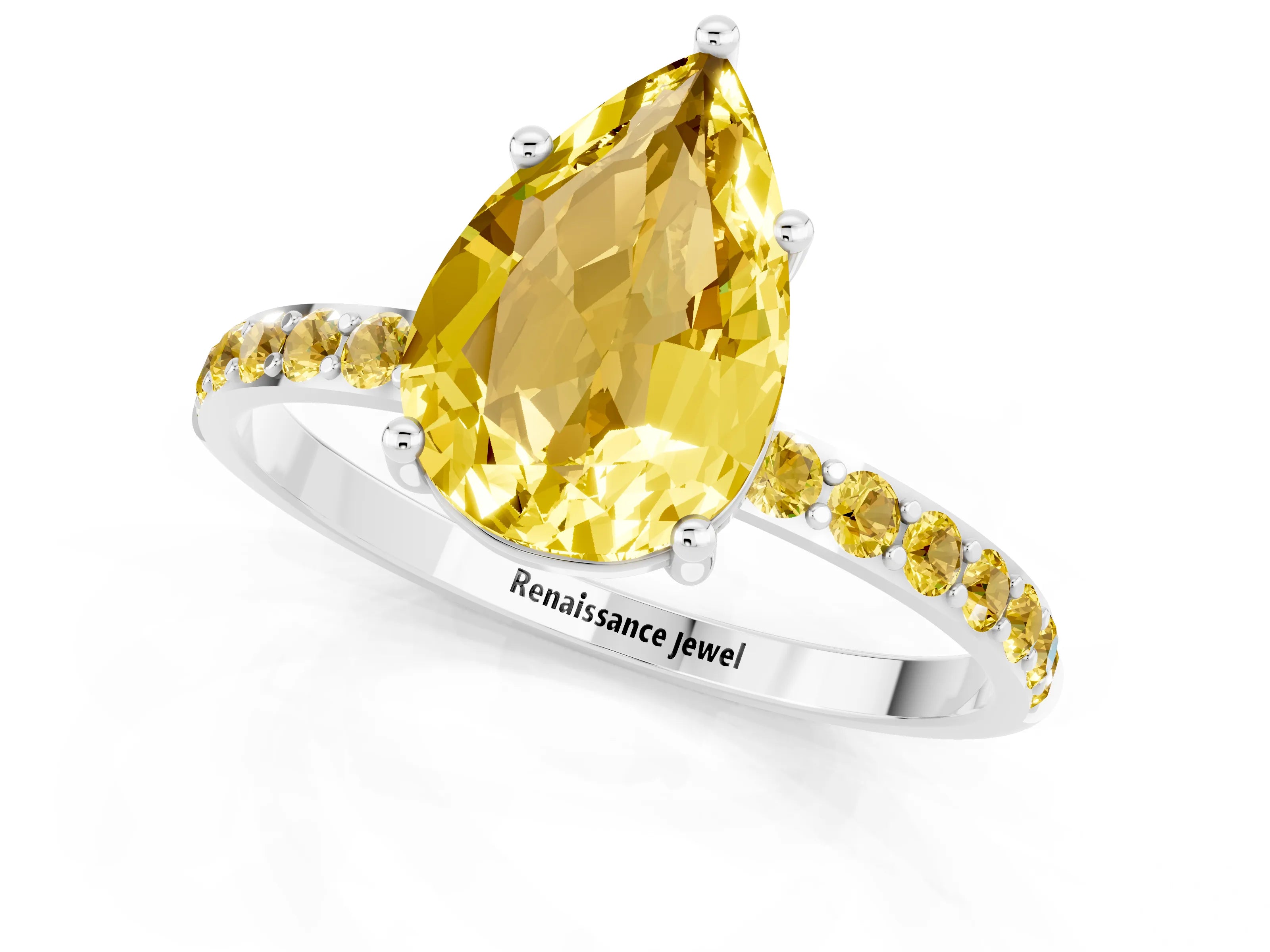 White gold Pear Cut Yellow Sapphire Solitaire Ring with Pave Band and Four Prong Setting_13