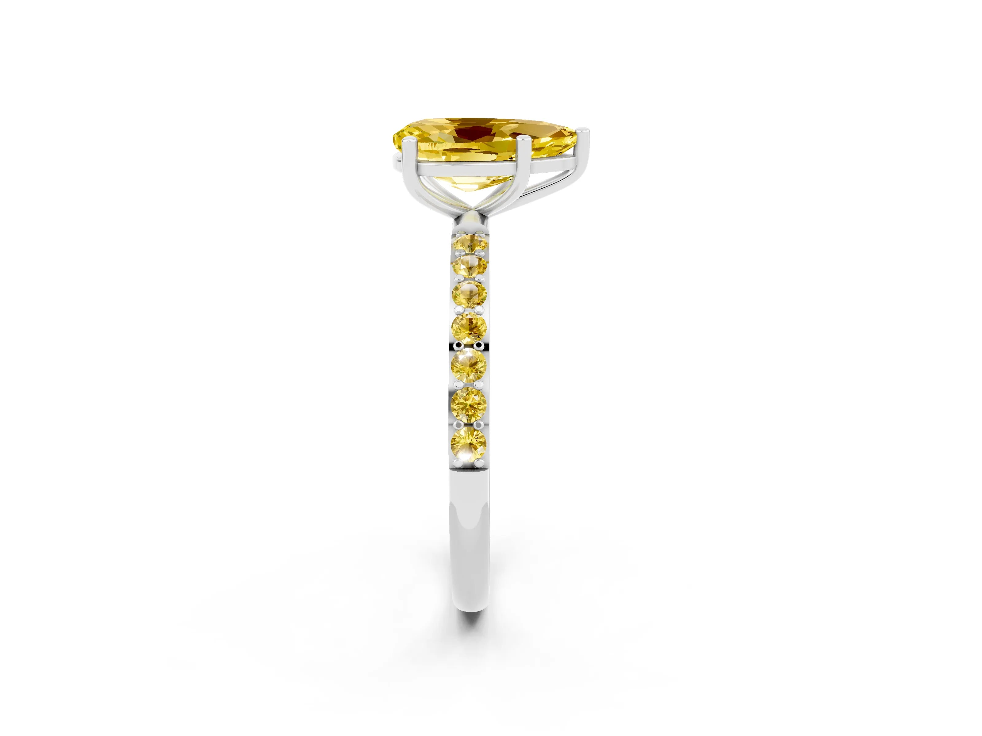 White gold Pear Cut Yellow Sapphire Solitaire Ring with Pave Band and Four Prong Setting_14