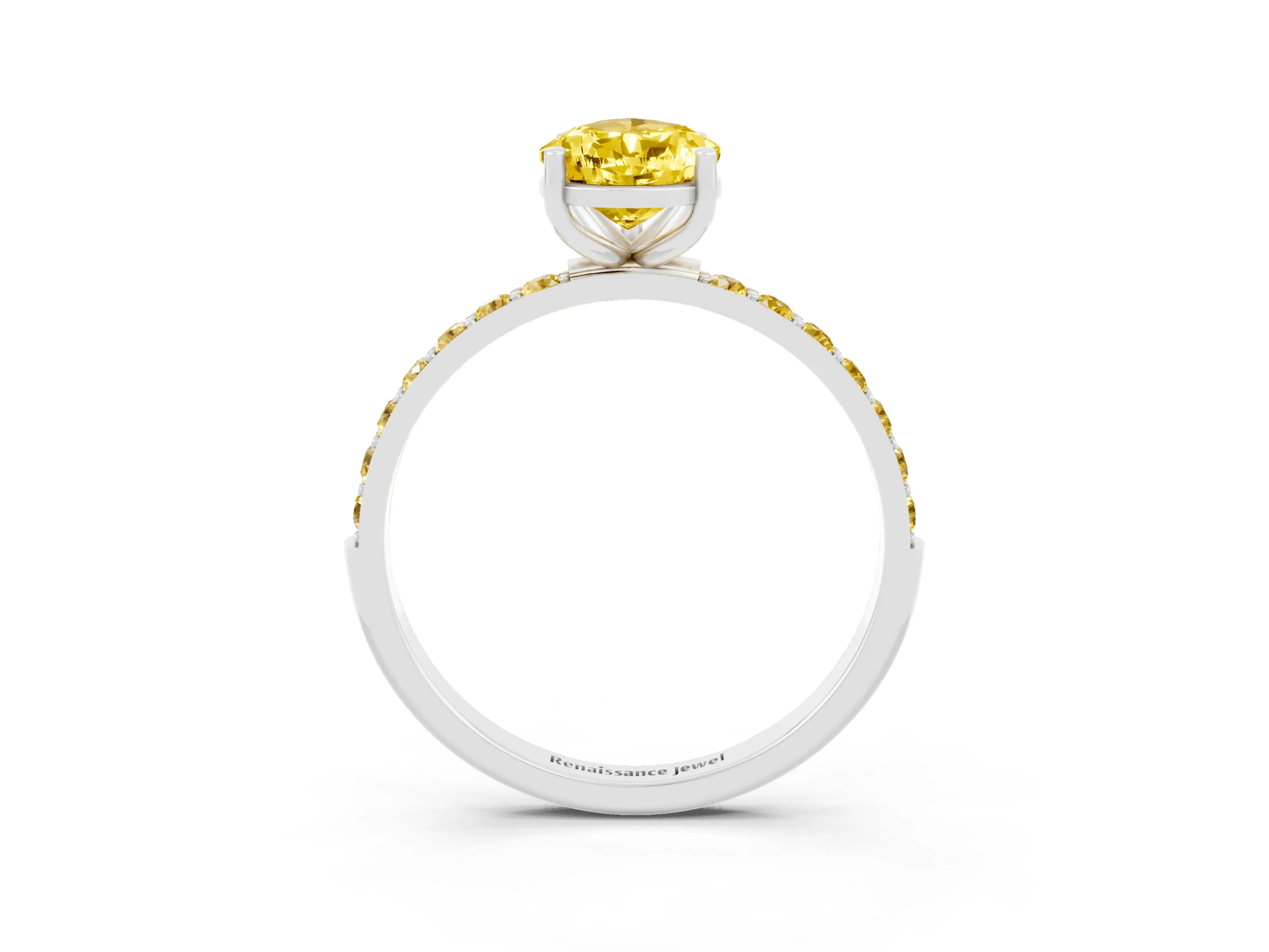 White gold Pear Cut Yellow Sapphire Solitaire Ring with Pave Band and Four Prong Setting_15