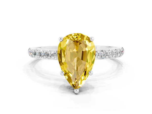 Platinum Pear Cut Yellow Sapphire Solitaire Ring with Round  Pavé Band and Prong Setting