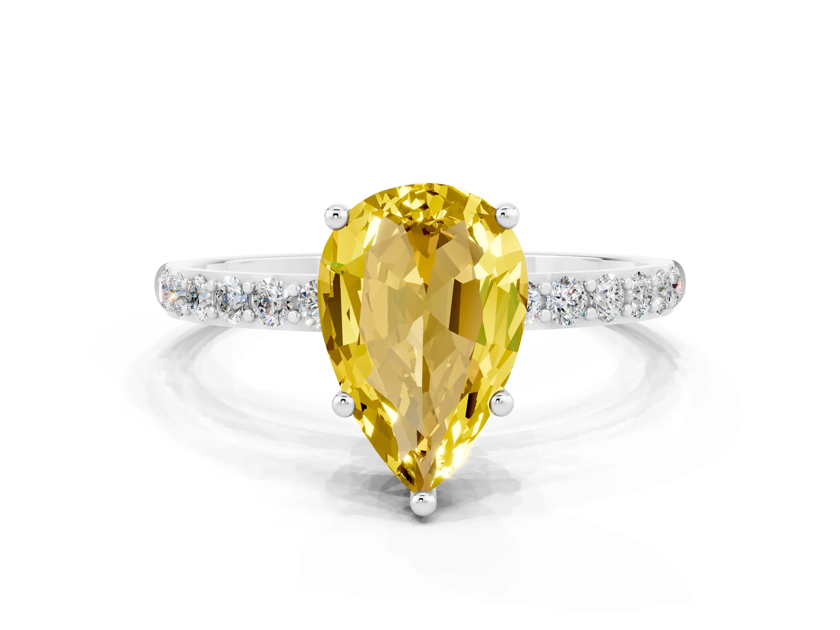 White gold Pear Cut Yellow Sapphire Solitaire Ring with Pave Band and Four Prong Setting_48