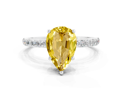 White gold Pear Cut Yellow Sapphire Solitaire Ring with Pave Band and Four Prong Setting_48