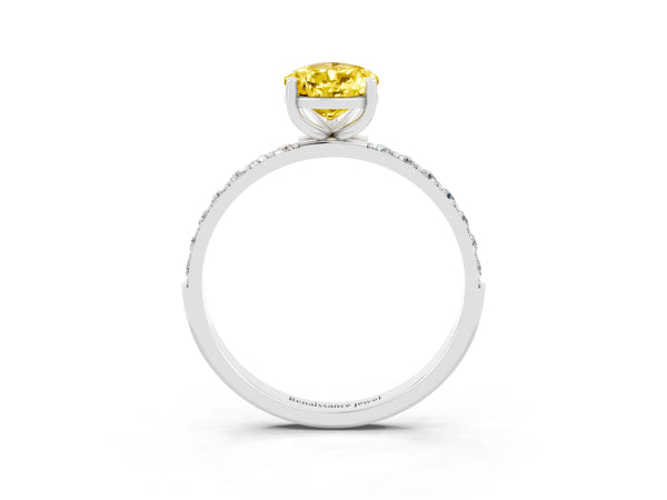 White gold Pear Cut Yellow Sapphire Solitaire Ring with Round  Pavé Band and Prong Setting
