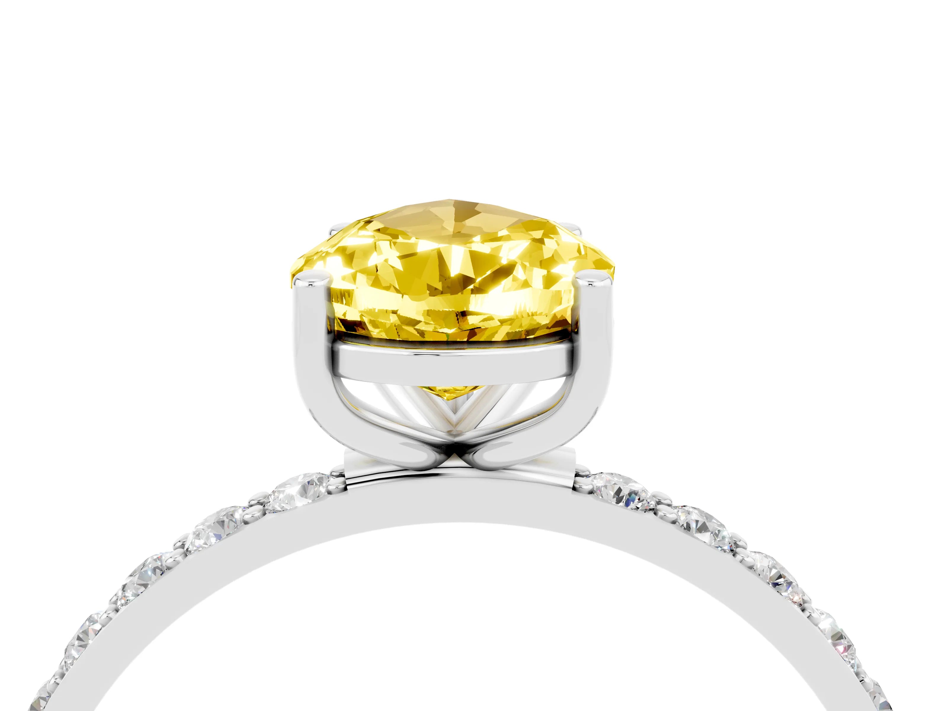 White gold Pear Cut Yellow Sapphire Solitaire Ring with Pave Band and Four Prong Setting_52