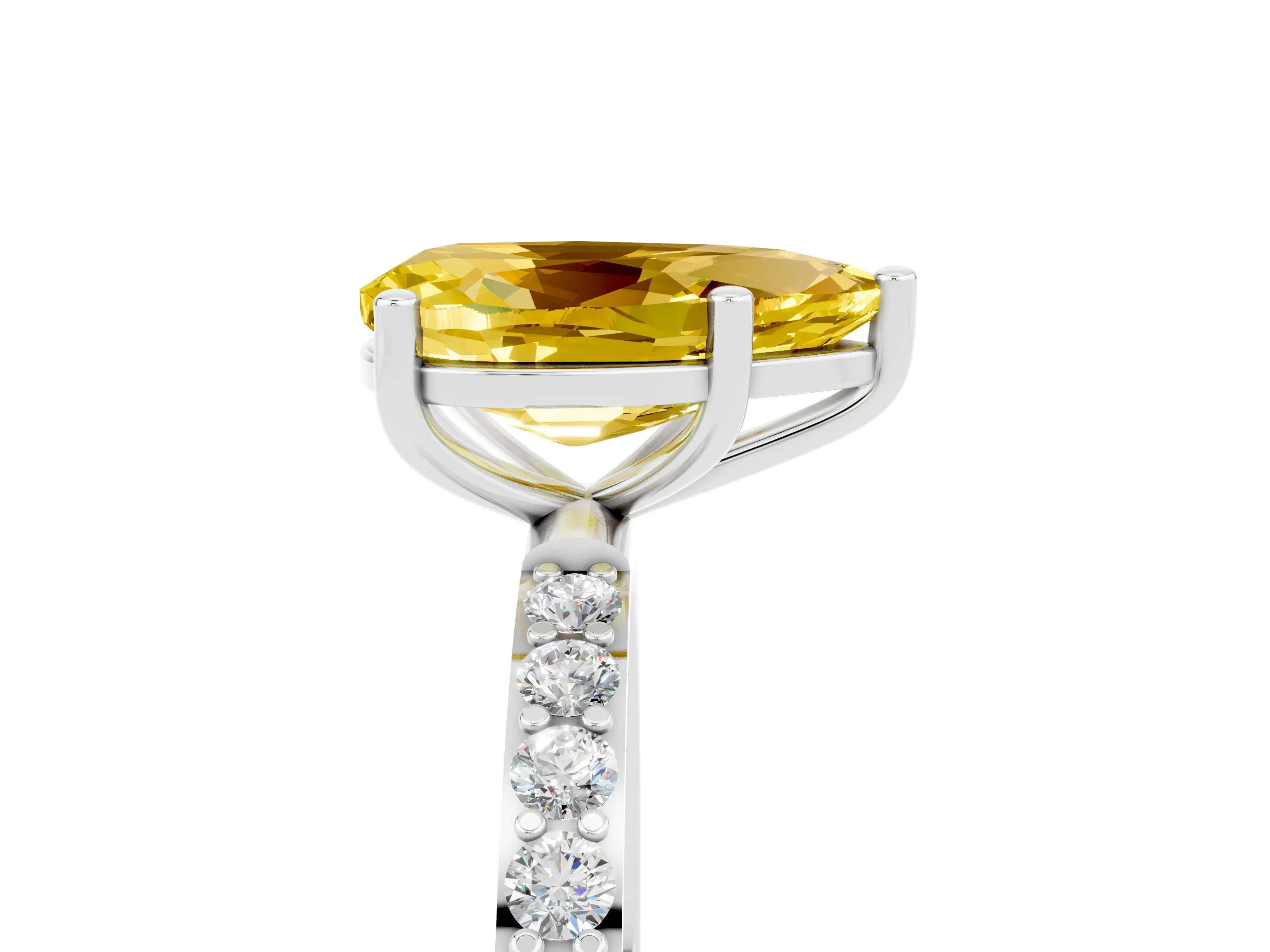 White gold Pear Cut Yellow Sapphire Solitaire Ring with Pave Band and Four Prong Setting_53