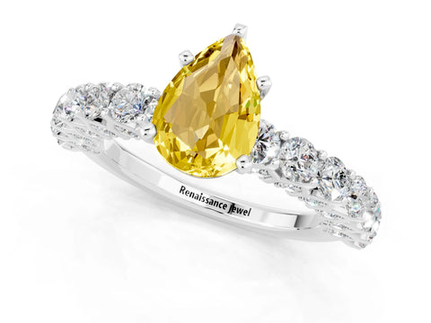 White gold Pear Cut Yellow Sapphire Solitaire Ring with Shared Prong Pavé Band and Four-Prong Setting_1