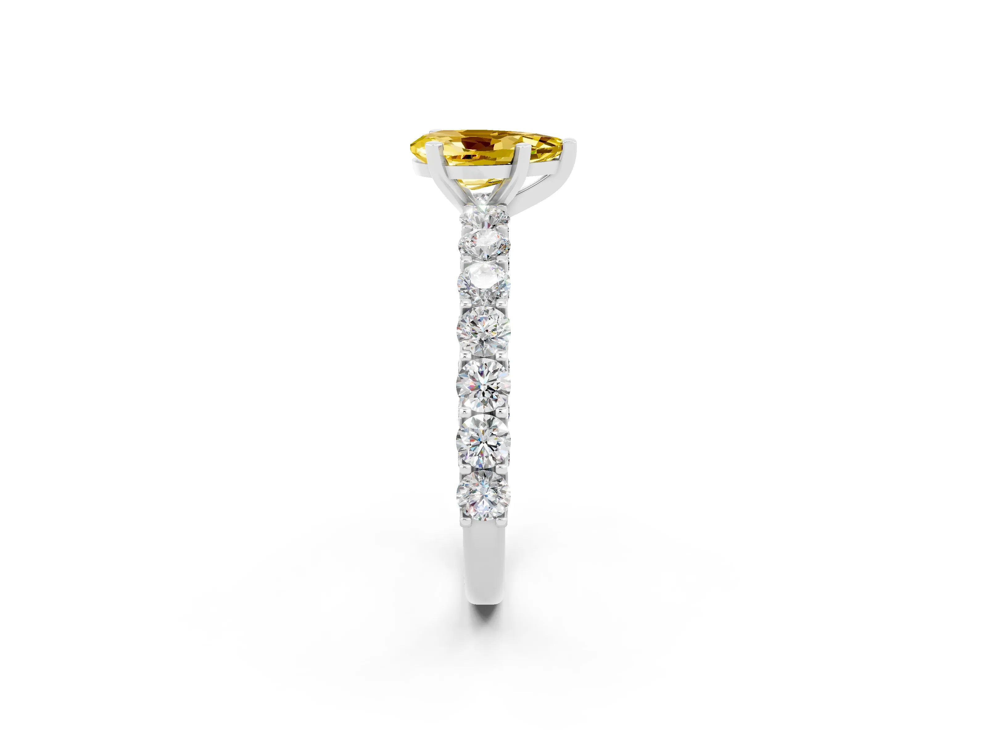 White gold Pear Cut Yellow Sapphire Solitaire Ring with Shared Prong Pavé Band and Four-Prong Setting_2