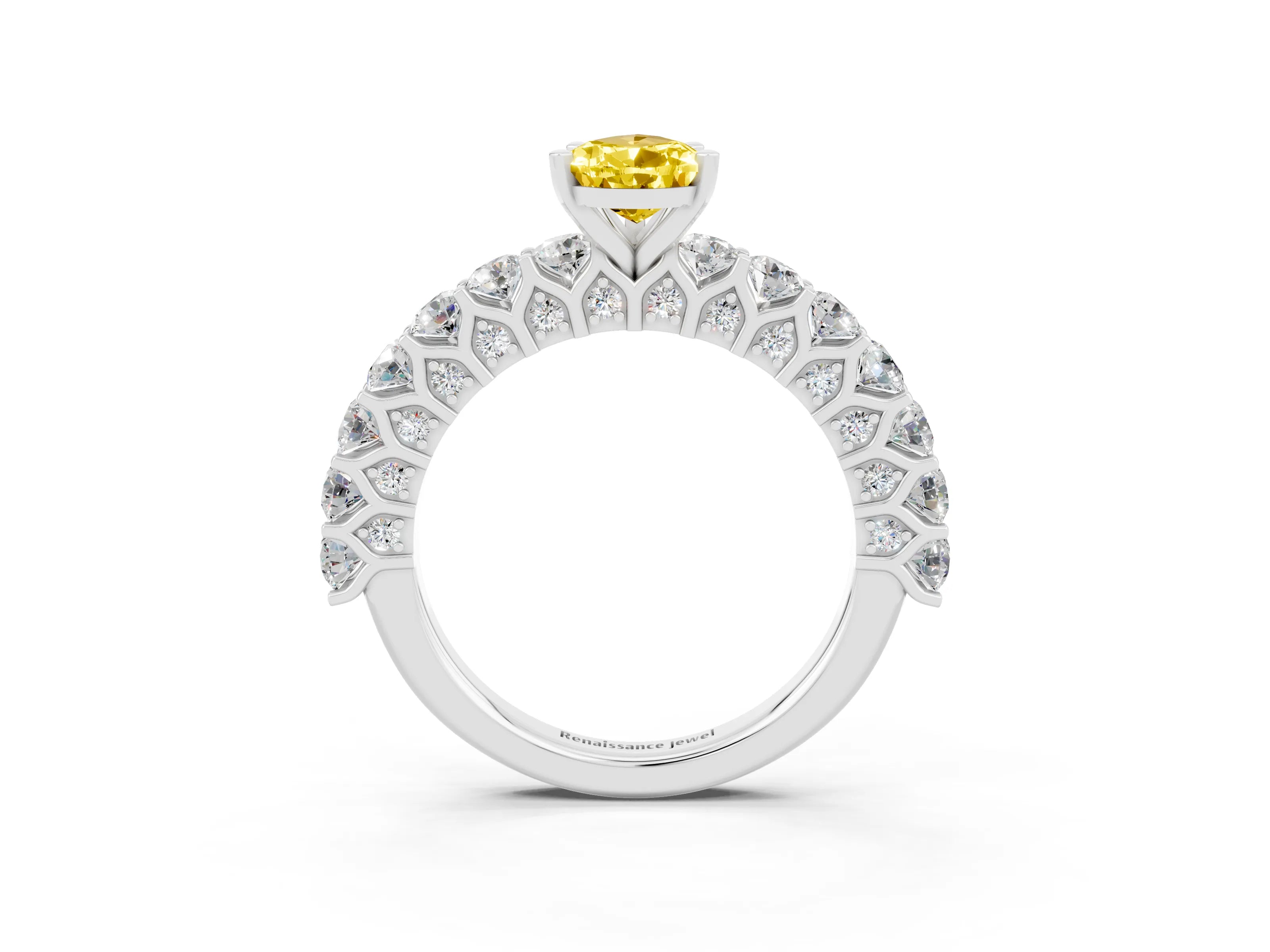 White gold Pear Cut Yellow Sapphire Solitaire Ring with Shared Prong Pavé Band and Four-Prong Setting_3