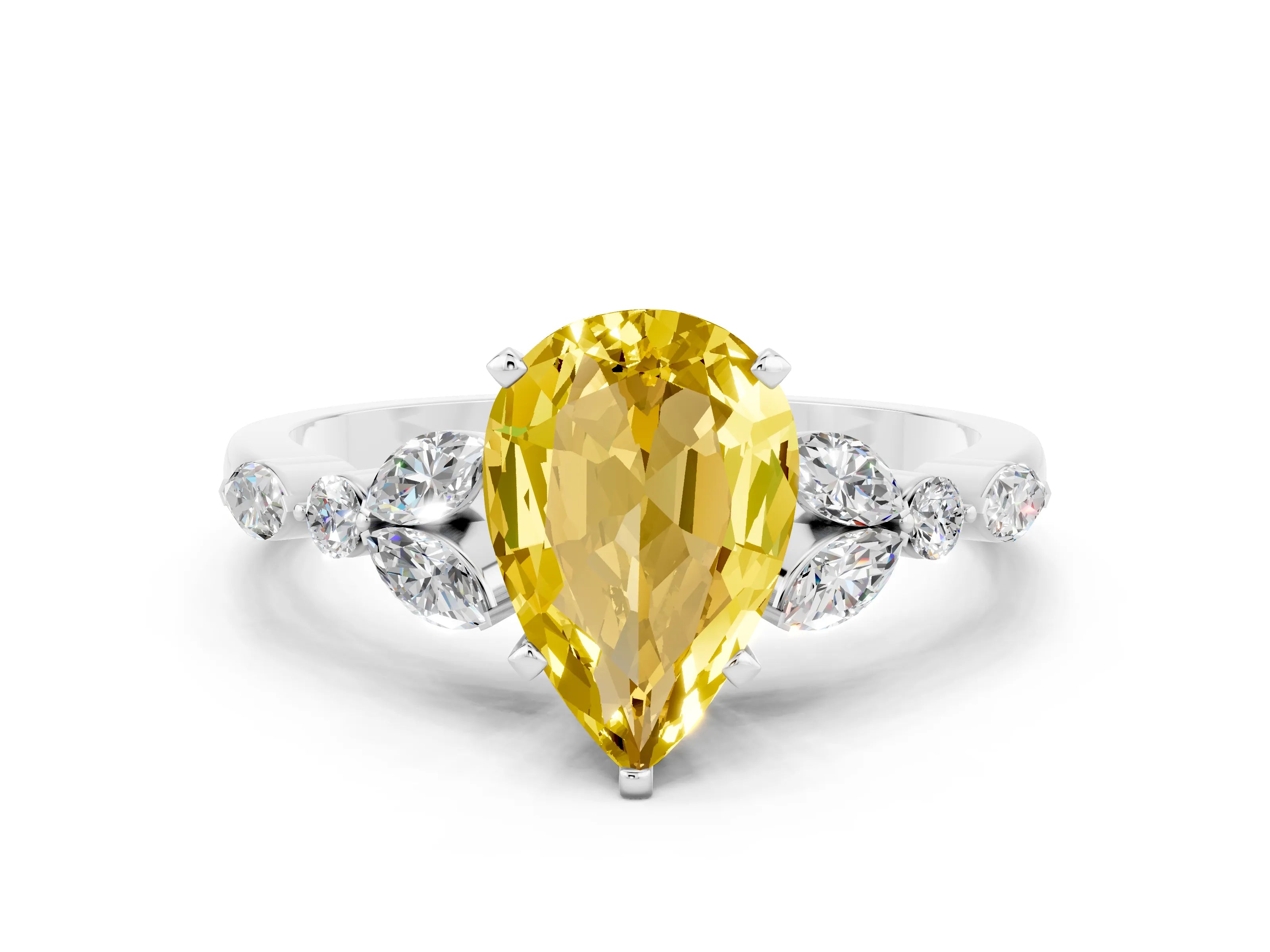 White gold Pear Cut Yellow Sapphire Solitaire Ring with Side Stones and Four-Prong Setting_36