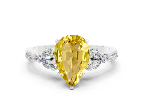 White gold Pear Cut Yellow Sapphire Solitaire Ring with Side Stones and Four-Prong Setting_36