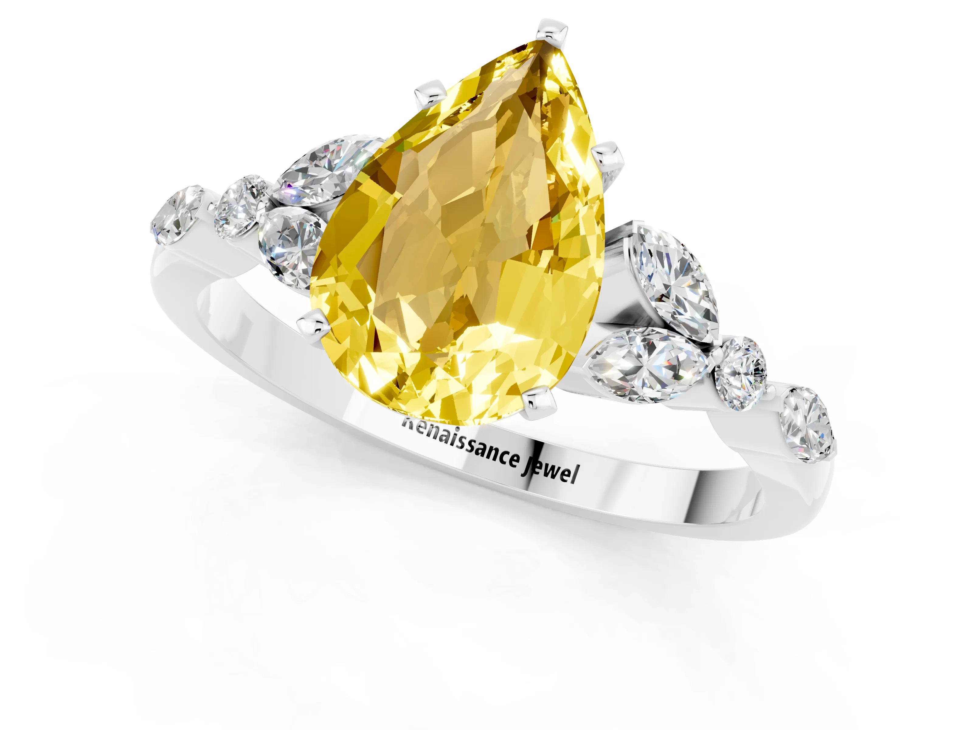 White gold Pear Cut Yellow Sapphire Solitaire Ring with Side Stones and Four-Prong Setting_37