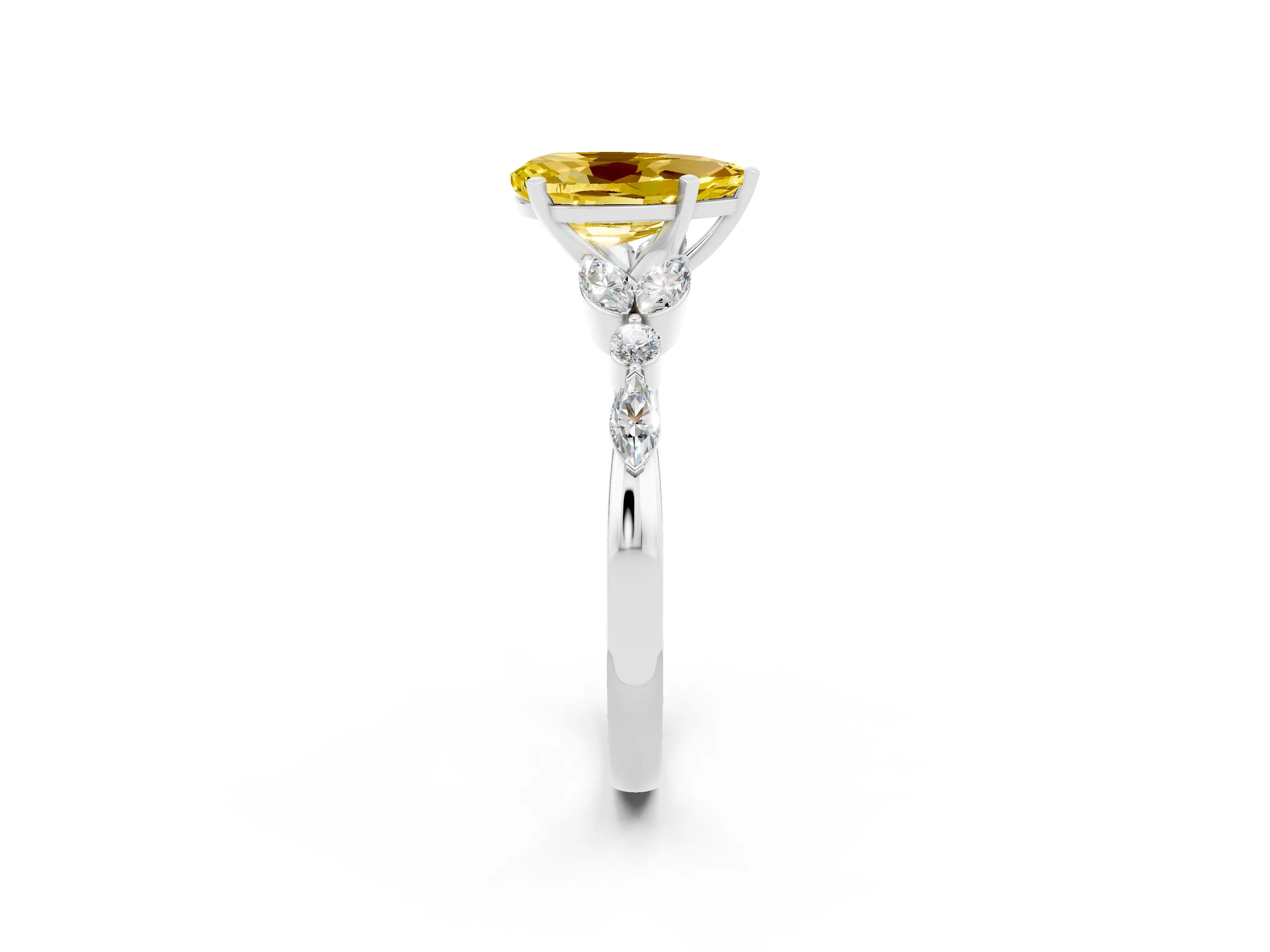 White gold Pear Cut Yellow Sapphire Solitaire Ring with Side Stones and Four-Prong Setting_38