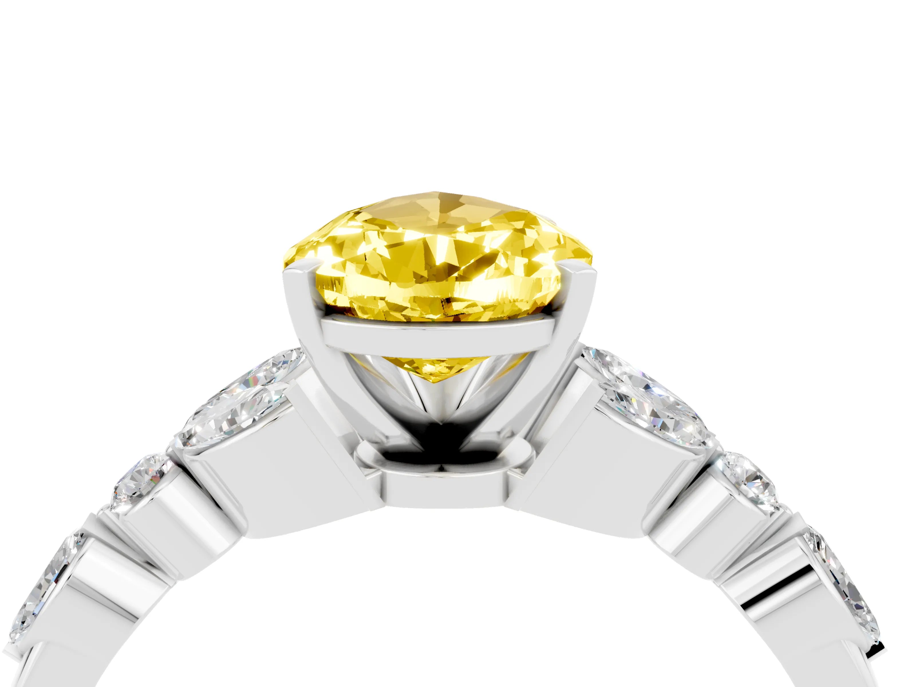 White gold Pear Cut Yellow Sapphire Solitaire Ring with Side Stones and Four-Prong Setting_40