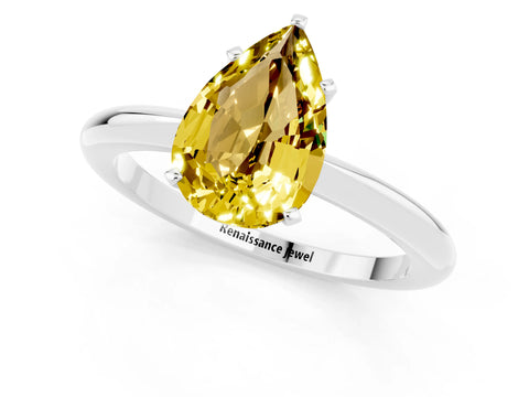 White gold Pear Cut Yellow Sapphire Solitaire Ring with Six-Prong Setting and Classic Band_13