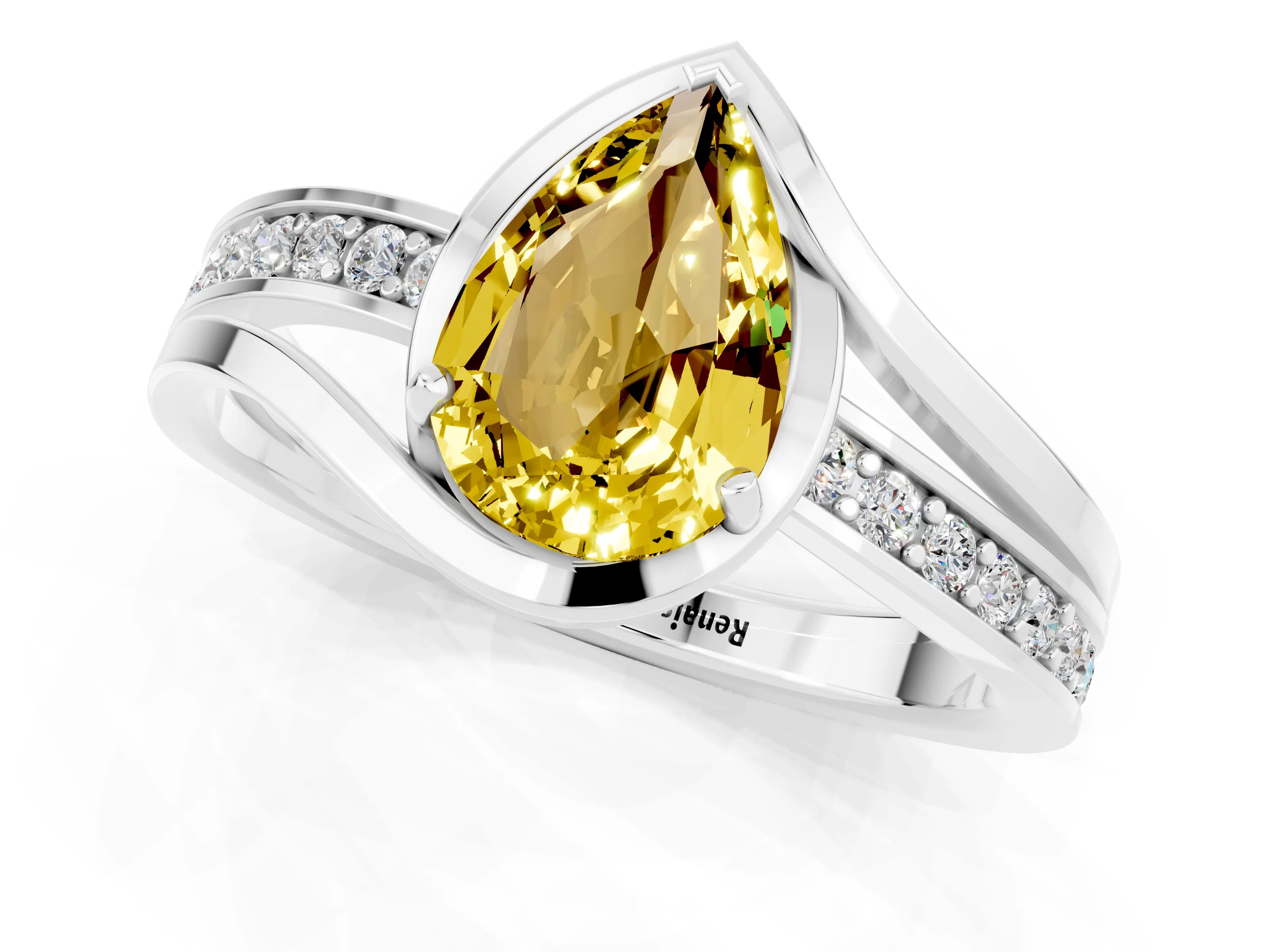 White gold Pear Cut Yellow Sapphire Solitaire Ring with Split Shank and Prong Setting_1