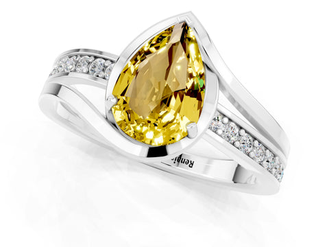 White gold Pear Cut Yellow Sapphire Solitaire Ring with Split Shank and Prong Setting_1