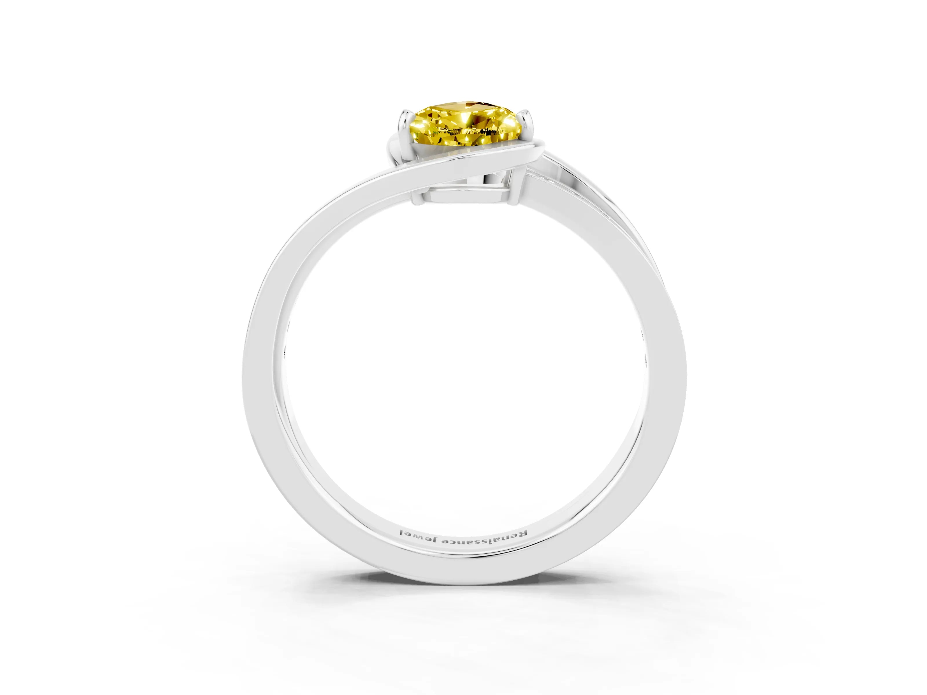 White gold Pear Cut Yellow Sapphire Solitaire Ring with Split Shank and Prong Setting_3