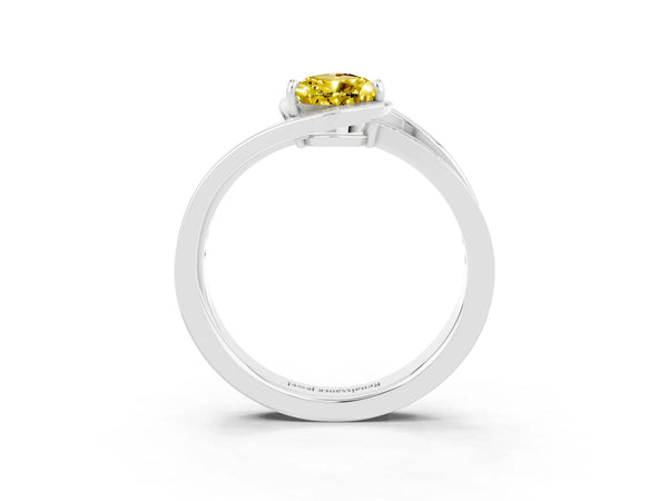 White gold Pear Cut Yellow Sapphire Solitaire Ring with Split Shank and Prong Setting