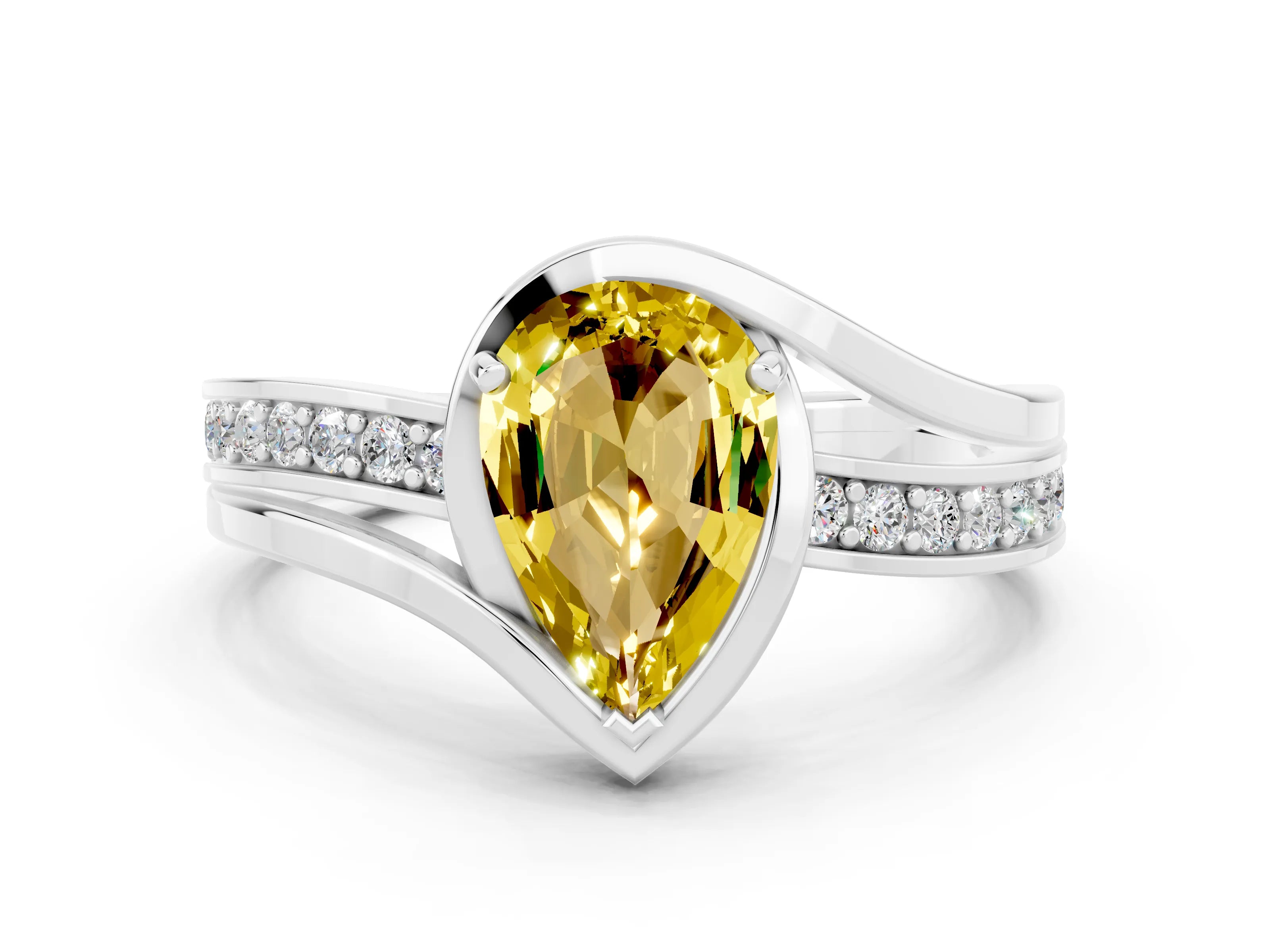 White gold Pear Cut Yellow Sapphire Solitaire Ring with Split Shank and Prong Setting